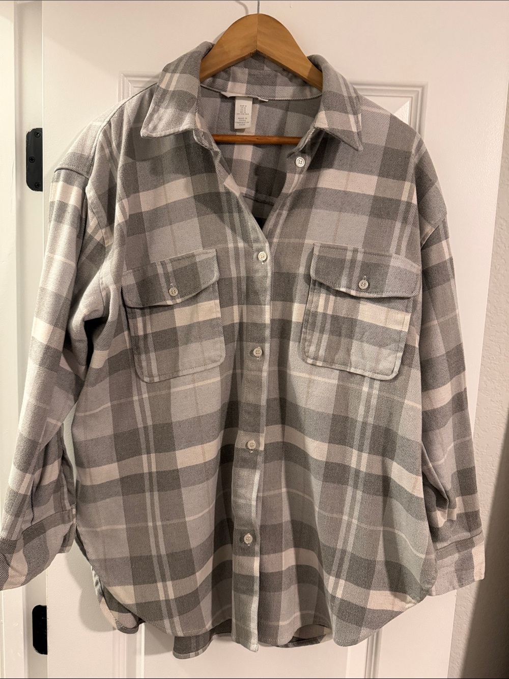 H&M Gray and White Plaid Button-Down Shirt Jacket